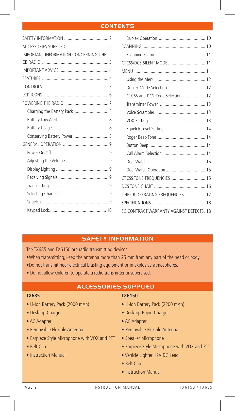 Contents safety information accessories supplied | GME TX685 User Manual | Page 2 / 20