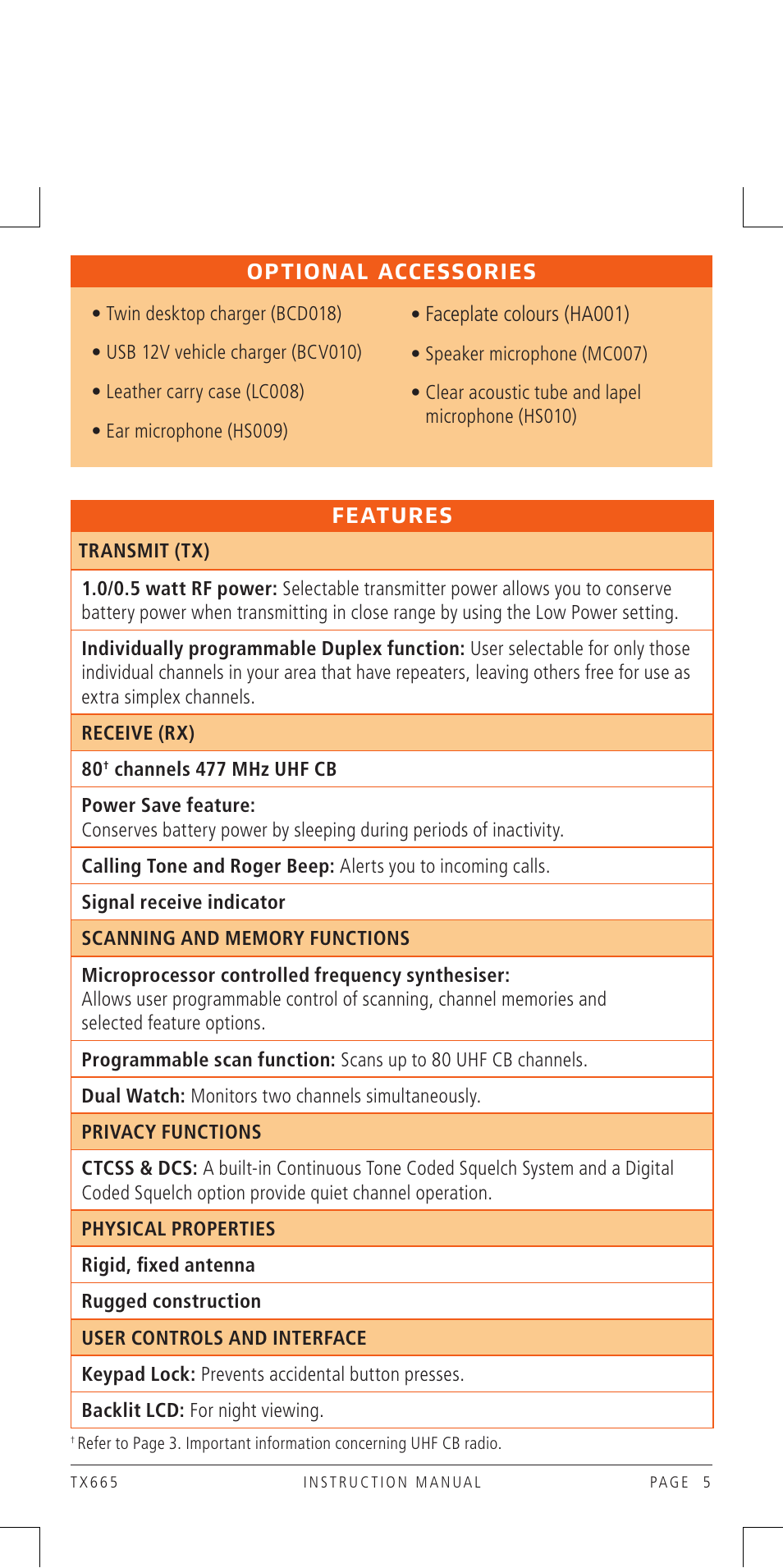 Features, Optional accessories | GME TX665 User Manual | Page 5 / 25