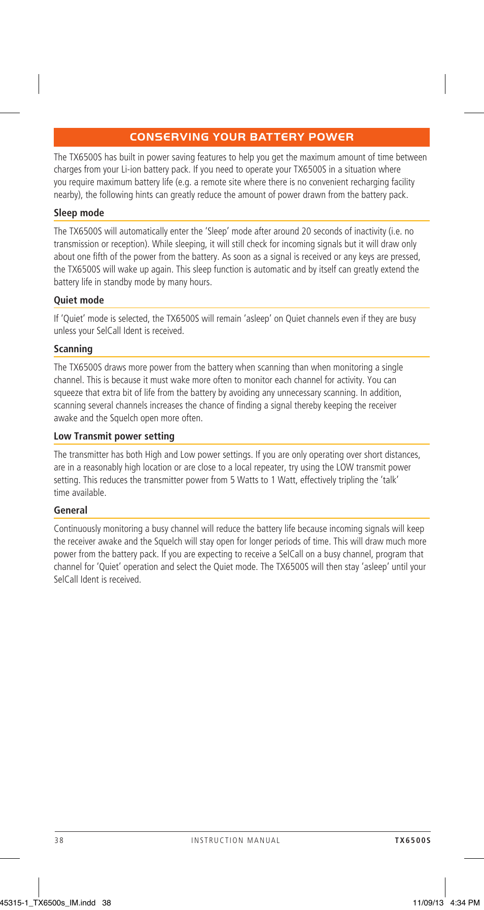Conserving your battery power | GME TX6500S User Manual | Page 38 / 44