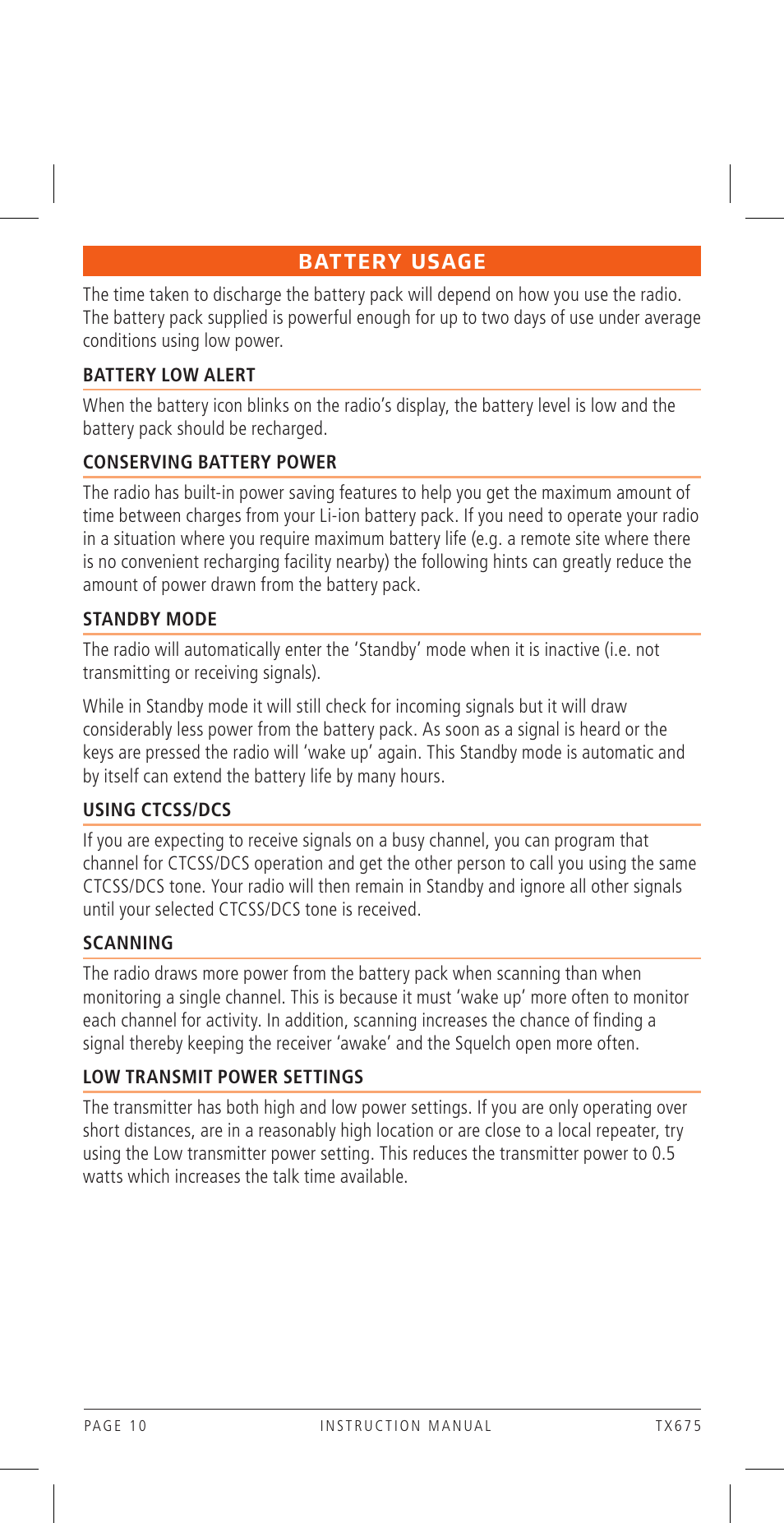 Battery usage | GME TX675TP User Manual | Page 10 / 24