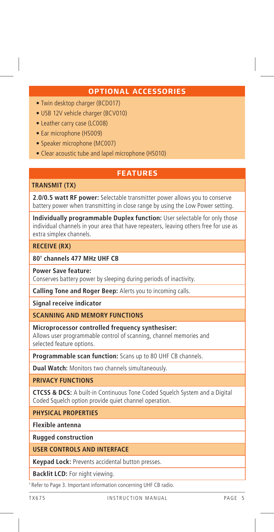 Features, Optional accessories | GME TX675TP User Manual | Page 5 / 24