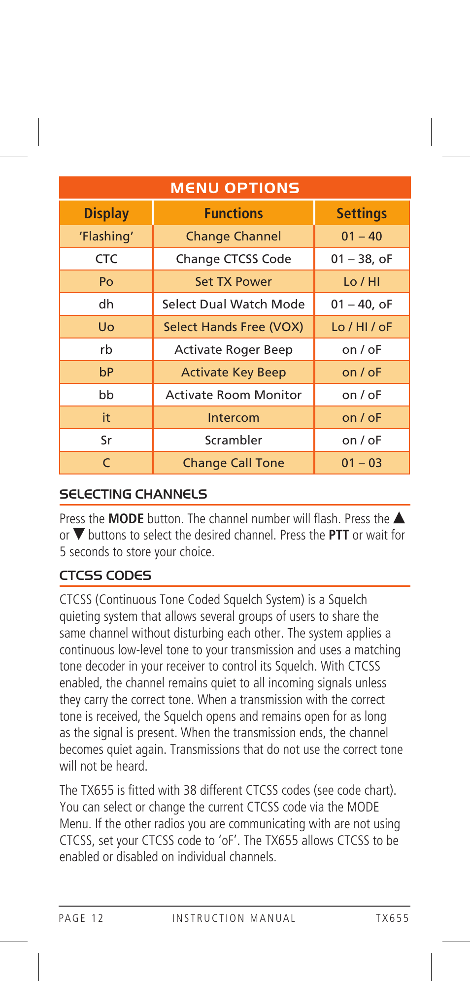 Menu options, Display functions settings | GME TX655 User Manual | Page 12 / 24