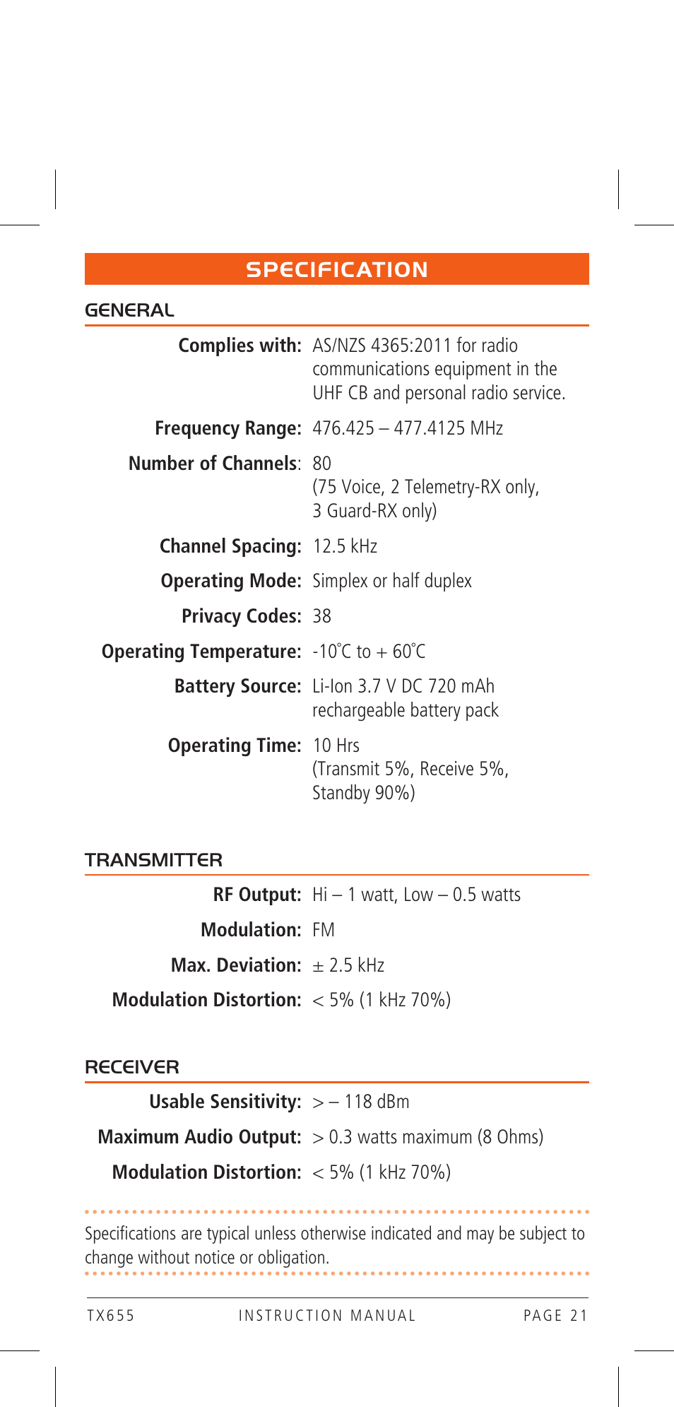 Specification | GME TX655 User Manual | Page 21 / 24