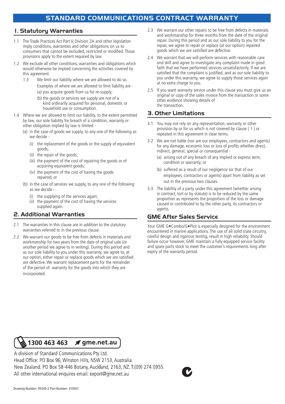Standard communications contract warranty, Statutory warranties, Additional warranties | Other limitations, Gme after sales service | GME G142CFD User Manual | Page 43 / 44