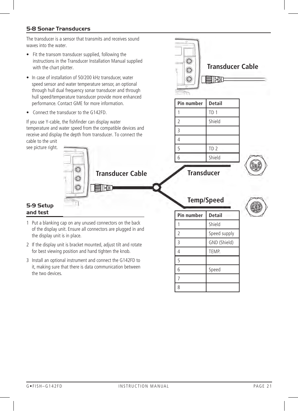 Transducer cable, Transducer temp/speed transducer cable | GME G142FD User Manual | Page 21 / 25