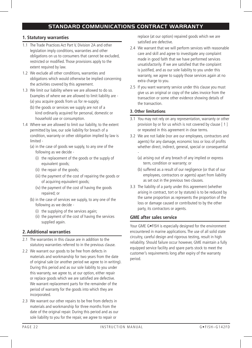 Standard communications contract warranty | GME G142FD User Manual | Page 22 / 25