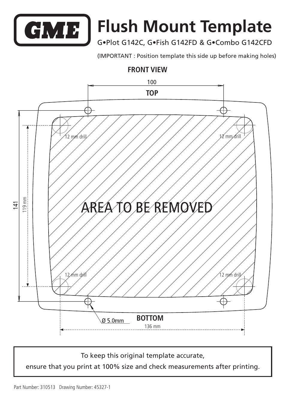 Flush mount template, Front view top bottom | GME G142FD User Manual | Page 25 / 25