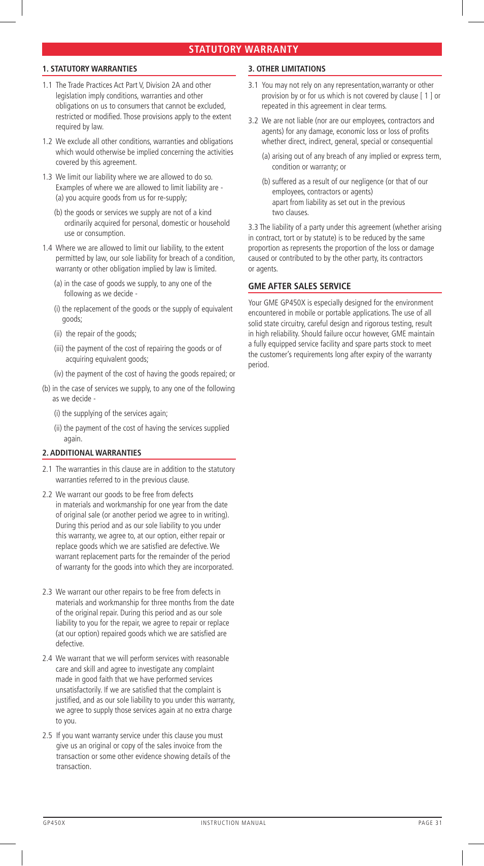 Statutory warranty | GME GP450XB User Manual | Page 31 / 32