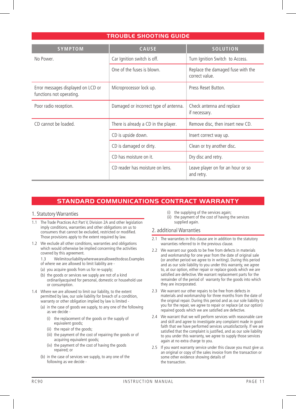 Standard communications contract warranty, Trouble shooting guide, Statutory warranties | Additional warranties | GME RC90 User Manual | Page 11 / 12