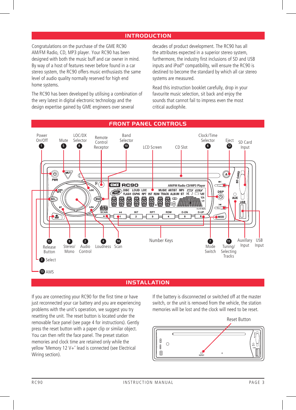 Installation, Front panel controls installation, Introduction | GME RC90 User Manual | Page 3 / 12