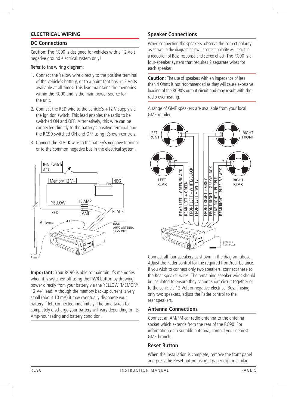 Dc connections, Speaker connections, Antenna connections | Reset button | GME RC90 User Manual | Page 5 / 12