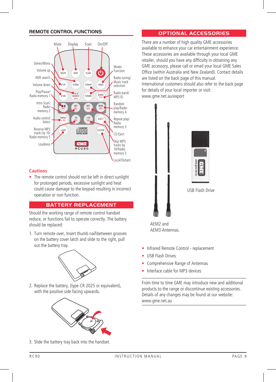 Battery replacement, Optional accessories, Remote control functions | Aem2 and aem3 antennas. usb flash drive | GME RC90 User Manual | Page 9 / 12
