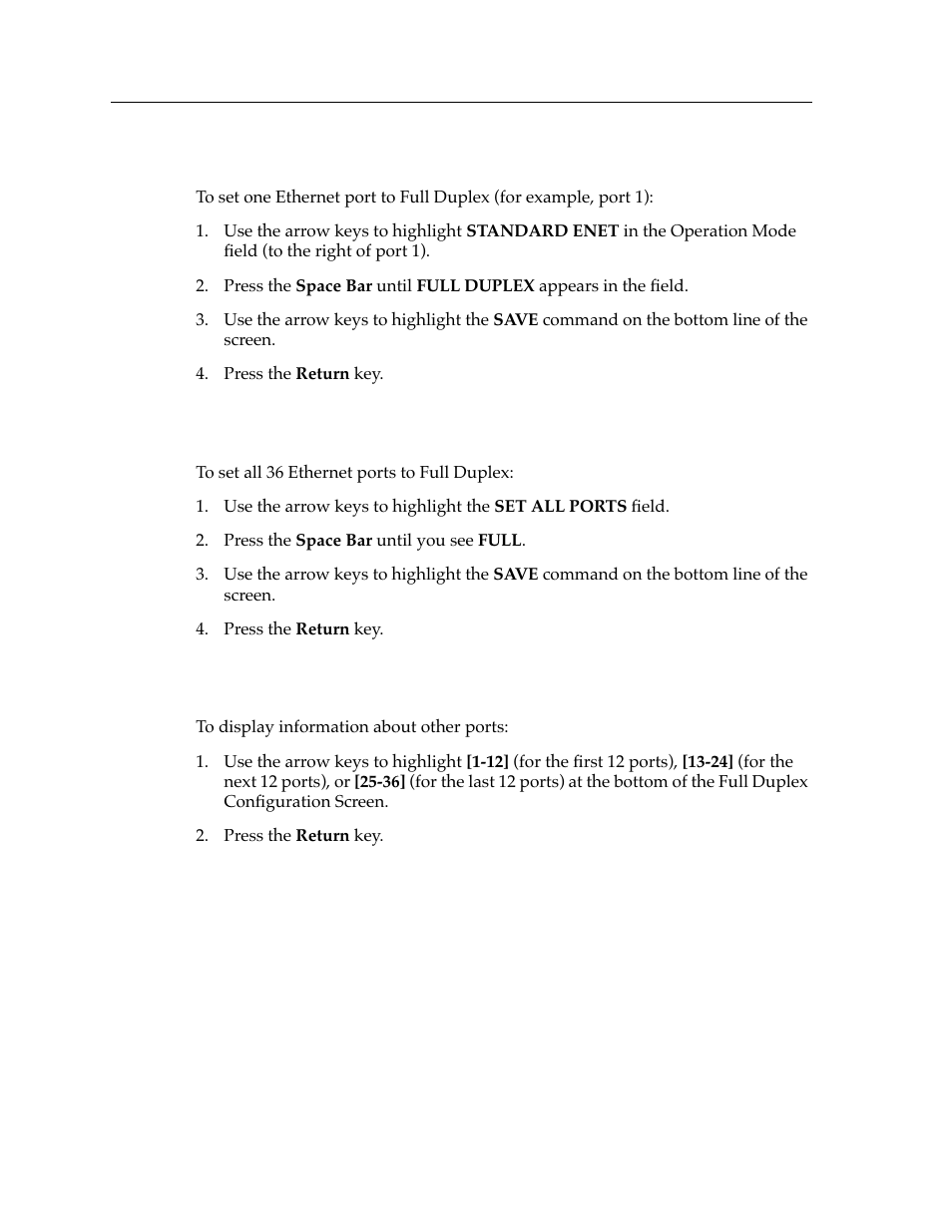 Setting one port to full duplex, Setting all ports to full duplex, Displaying information about other ports | Cabletron Systems 9E423-36 User Manual | Page 8 / 16