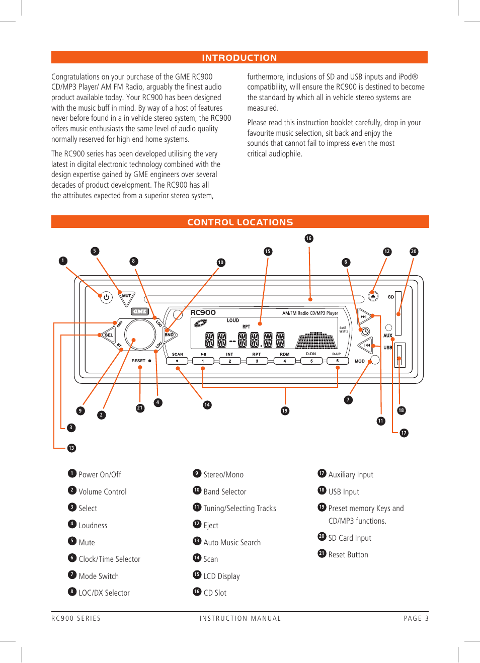 Introduction control locations, Power on/off, Volume control | Select, Loudness, Mute, Clock/time selector, Mode switch, Loc/dx selector, Stereo/mono | GME RC900 User Manual | Page 3 / 16