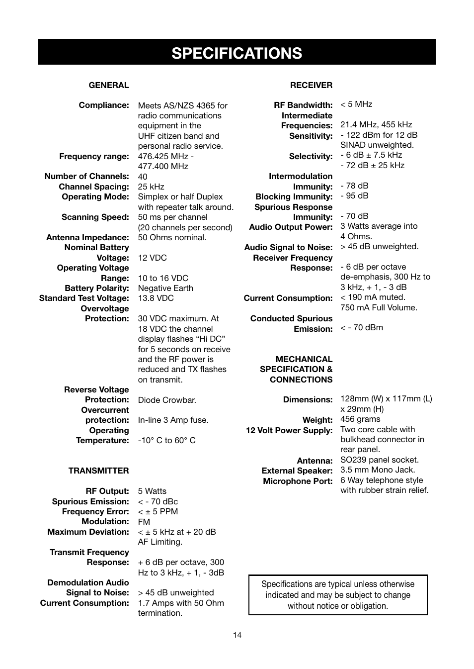 Specifications | GME TX3200 User Manual | Page 14 / 16