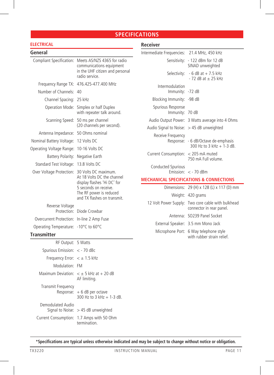 Specifications | GME TX3220 User Manual | Page 11 / 12