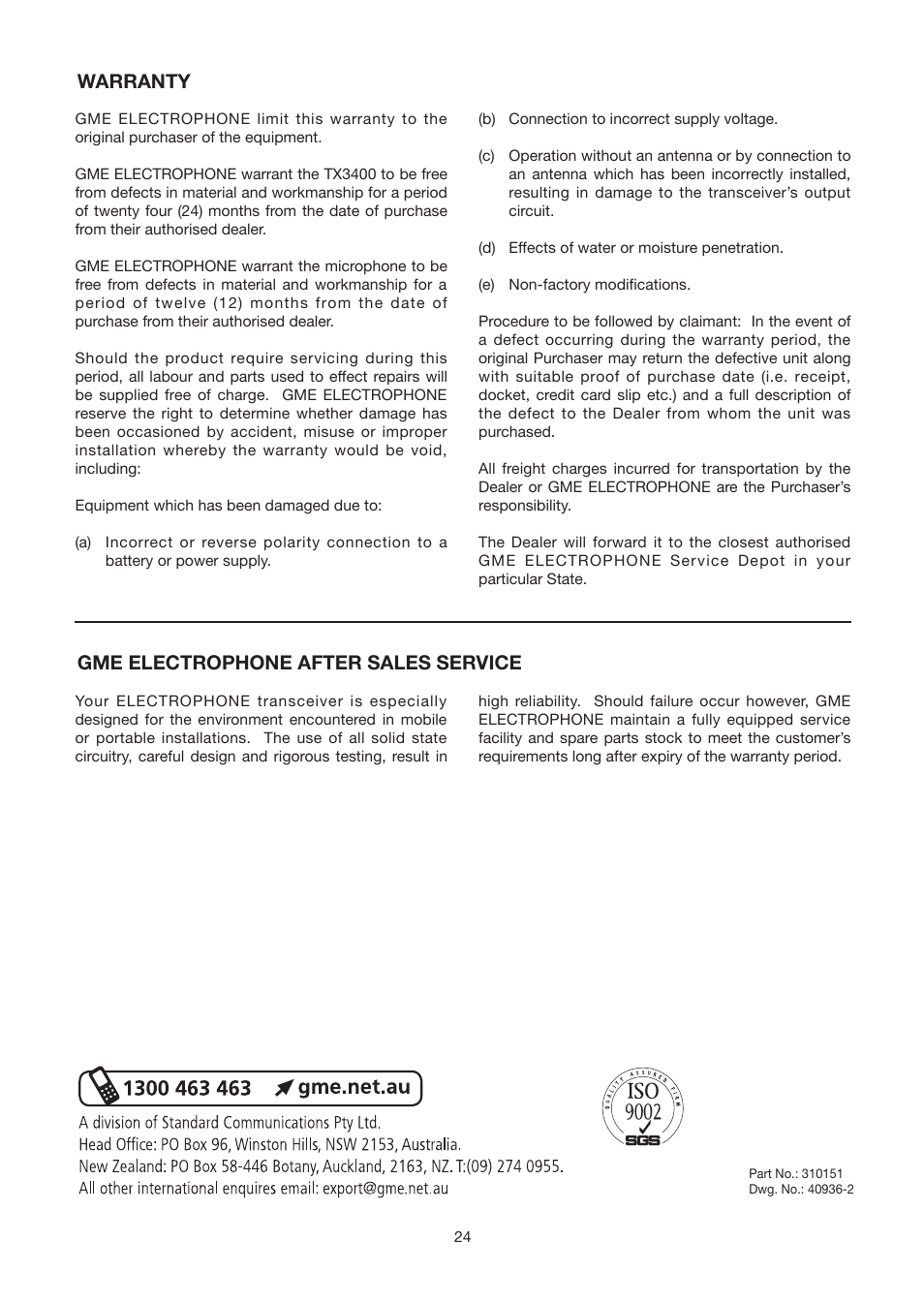 Warranty, Gme electrophone after sales service | GME TX3400 User Manual | Page 24 / 24