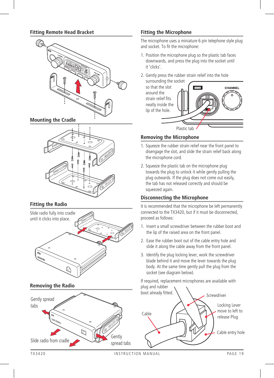 Removing the radio fitting the microphone, Removing the microphone, Disconnecting the microphone | GME TX3420 User Manual | Page 19 / 24