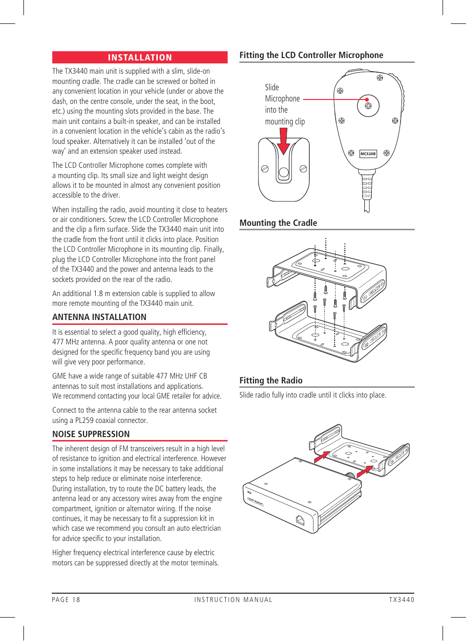 Installation, Antenna installation, Noise suppression | Slide microphone into the mounting clip | GME TX3440 User Manual | Page 18 / 24