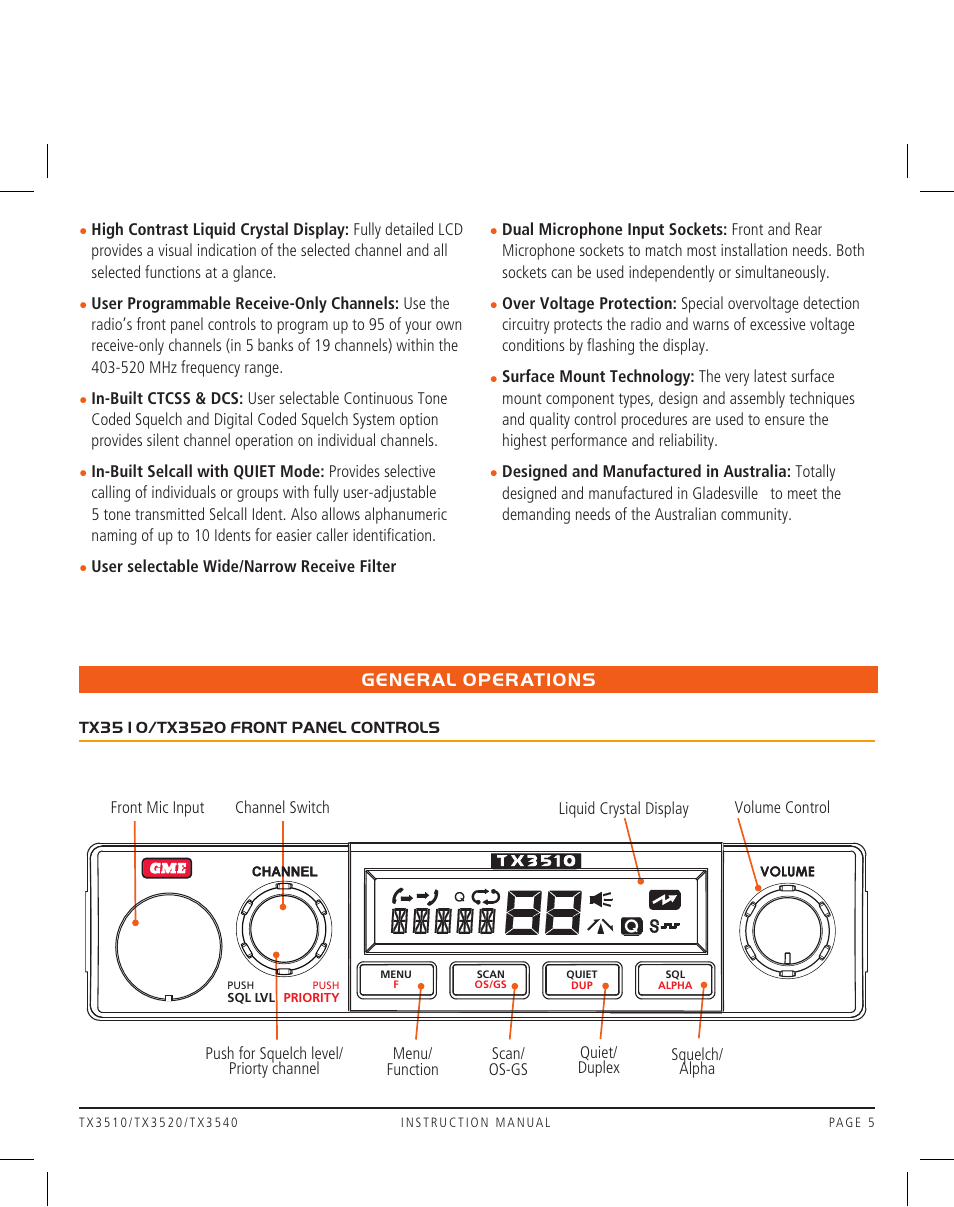 General operations | GME TX3520 User Manual | Page 5 / 36