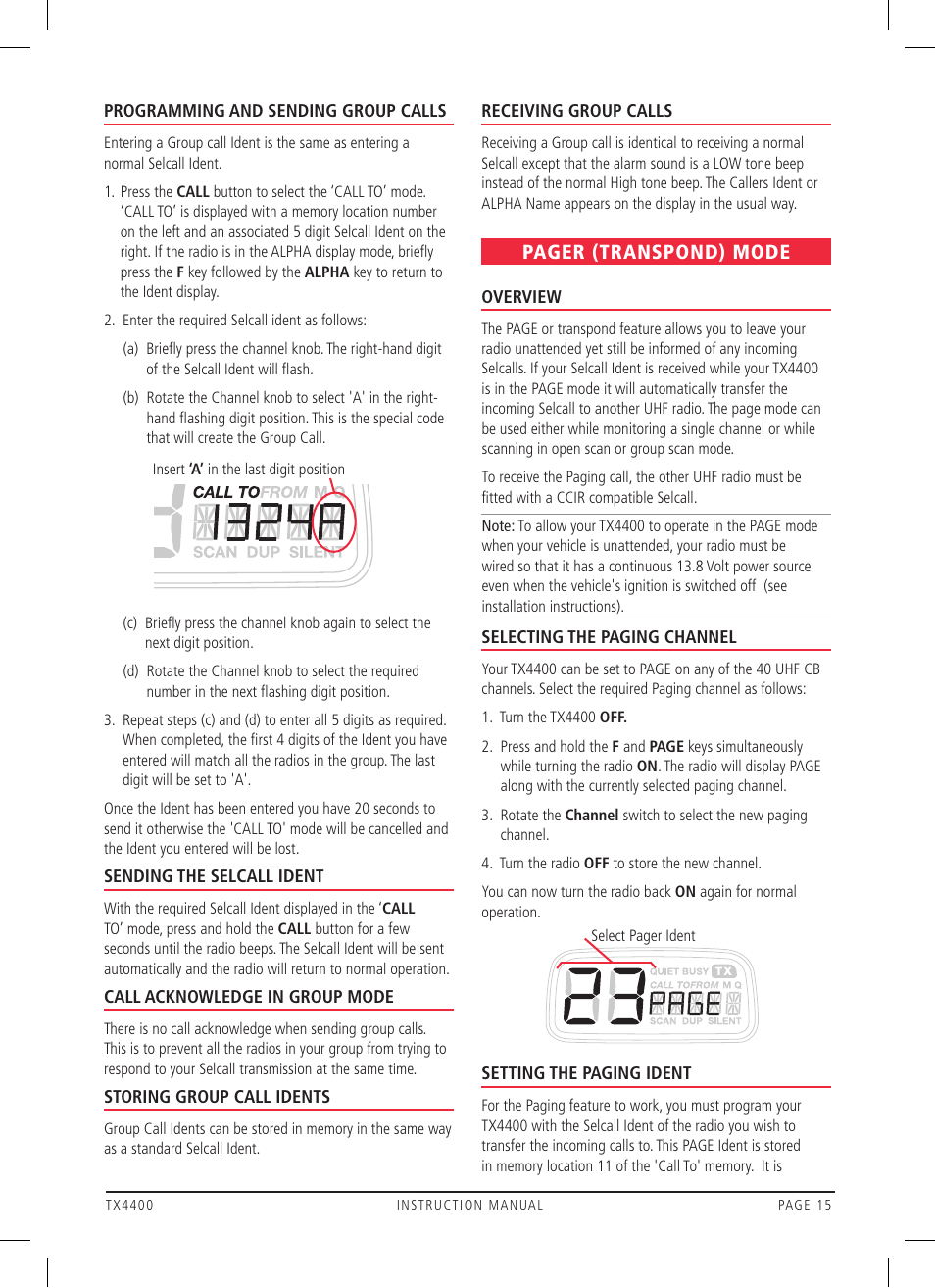 Pager (transpond) mode | GME TX4400 User Manual | Page 15 / 24