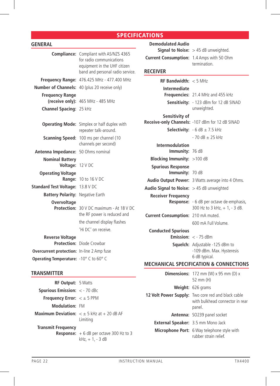 Specifications | GME TX4400 User Manual | Page 22 / 24