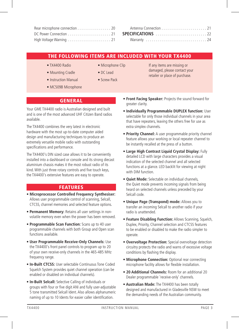 General, Features, The following items are included with your tx4400 | GME TX4400 User Manual | Page 3 / 24