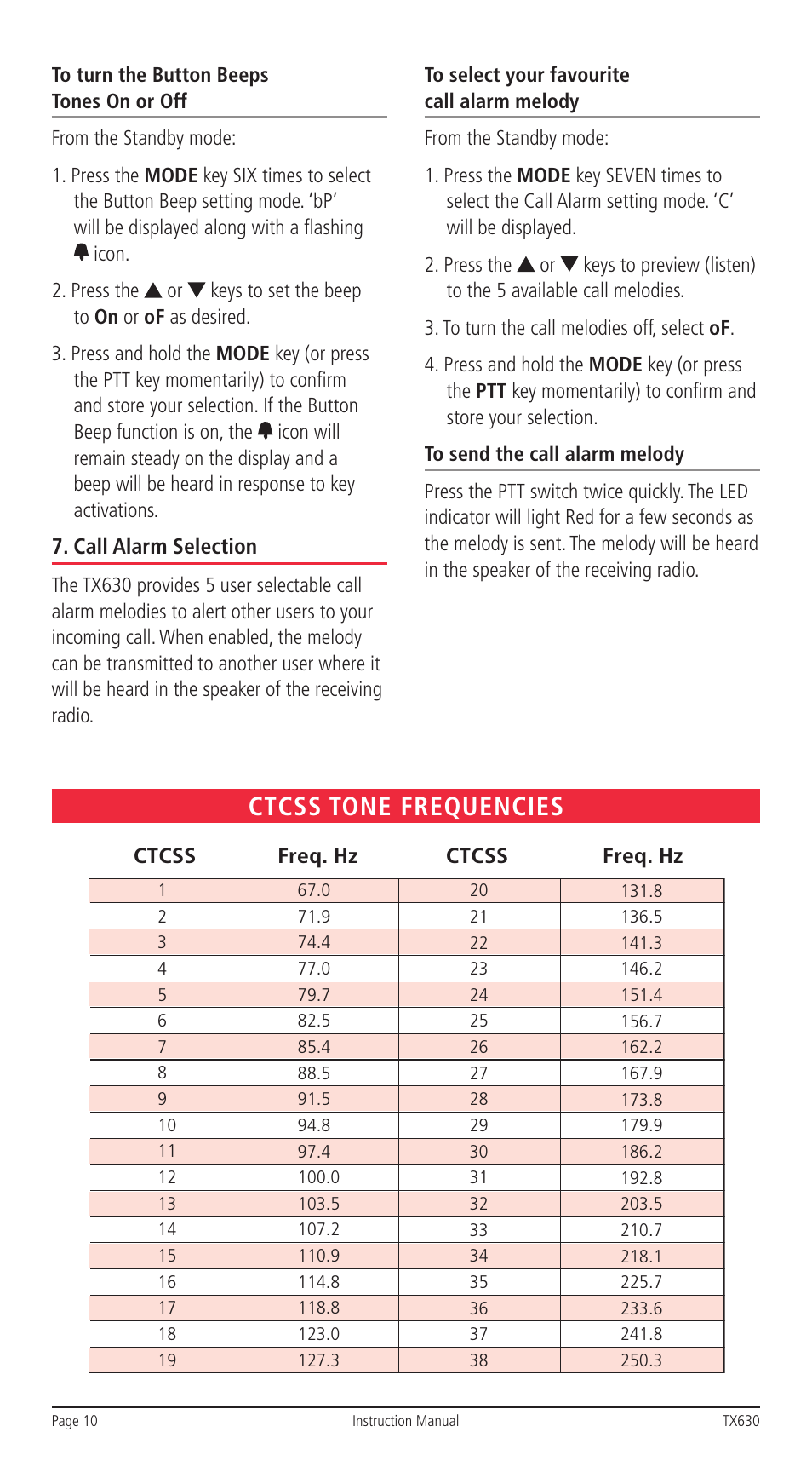 Ctcss tone frequencies | GME TX630 User Manual | Page 10 / 12