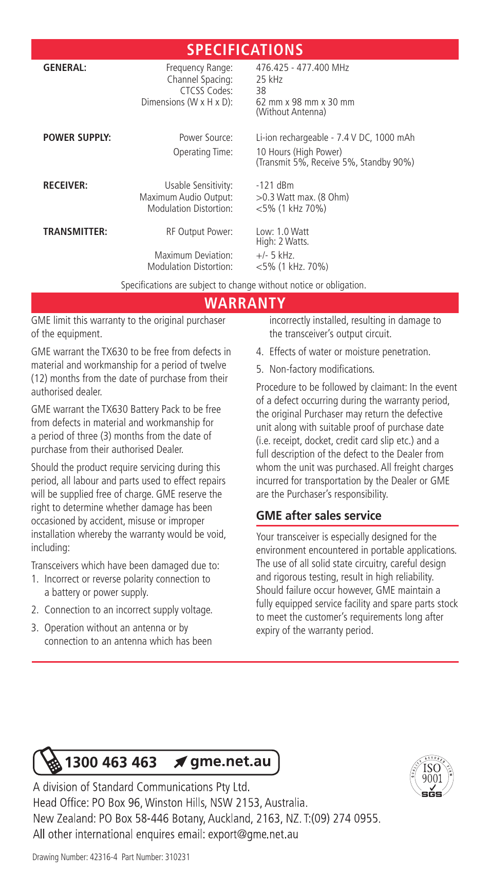 Specifications warranty, Gme after sales service | GME TX630 User Manual | Page 12 / 12