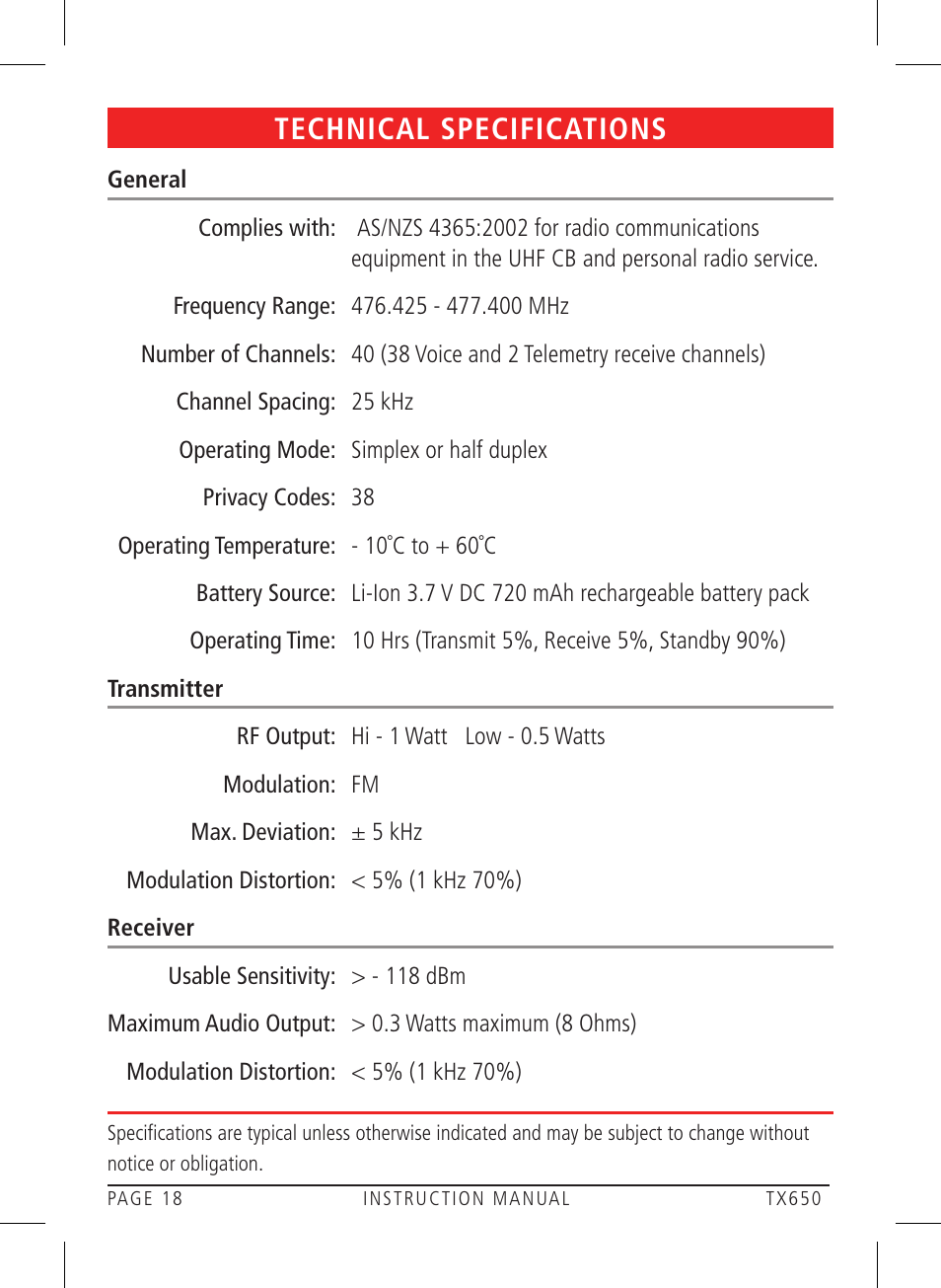Technical specifications | GME TX650 User Manual | Page 18 / 20
