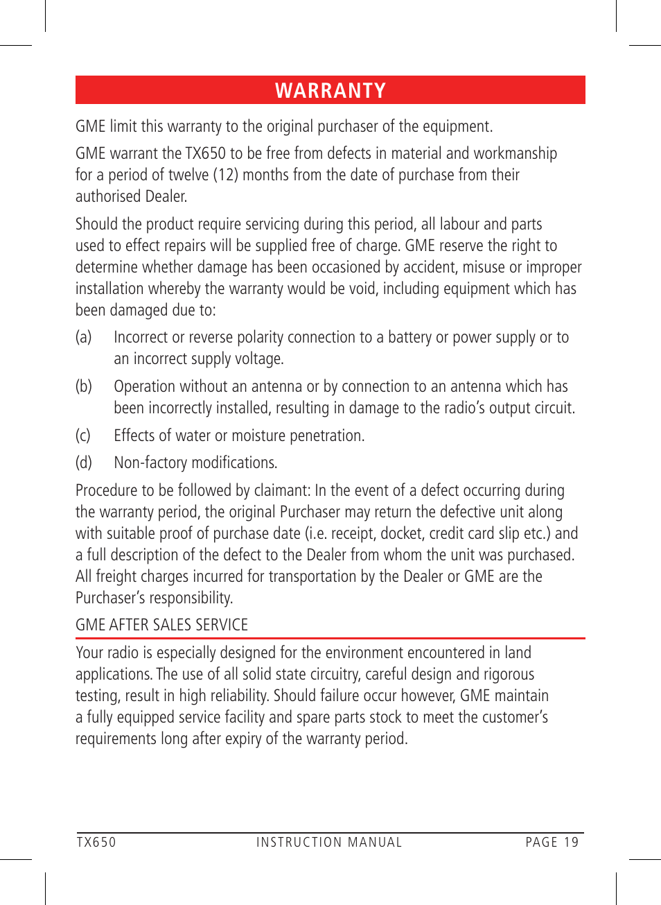 Warranty | GME TX650 User Manual | Page 19 / 20