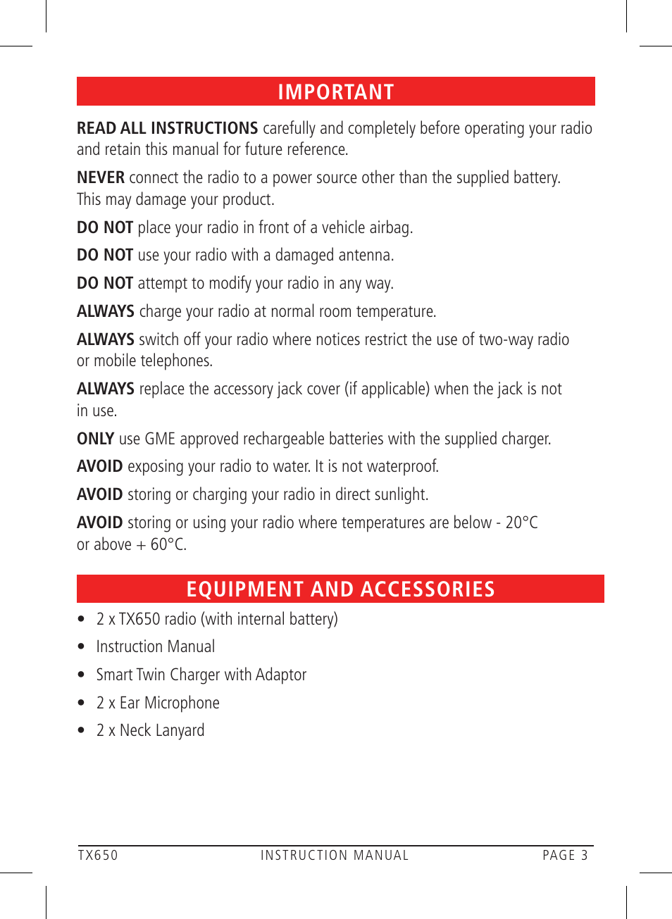 Equipment and accessories, Important | GME TX650 User Manual | Page 3 / 20