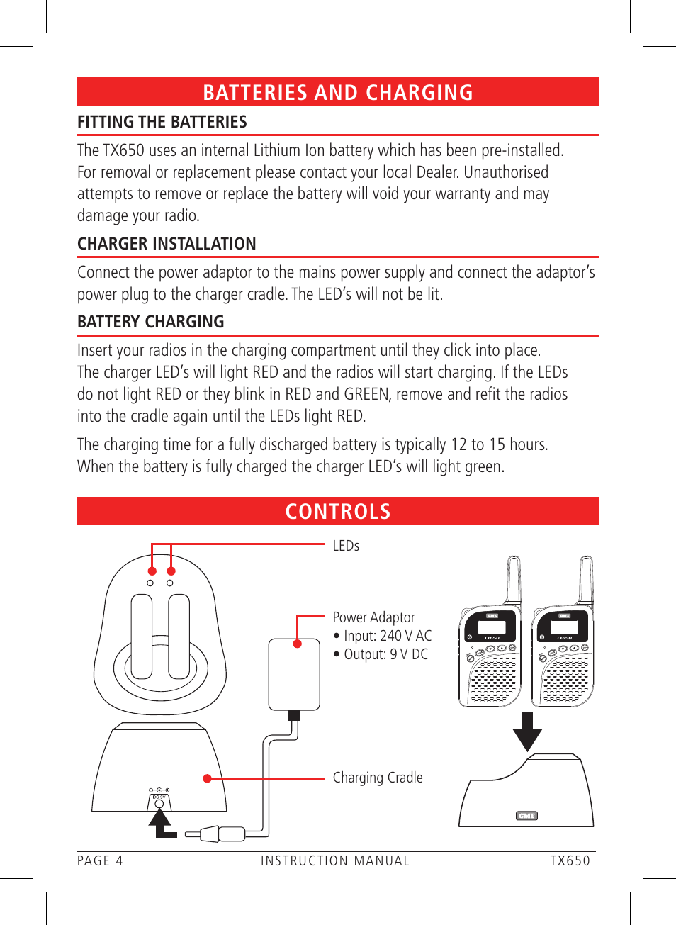 Batteries and charging, Controls | GME TX650 User Manual | Page 4 / 20