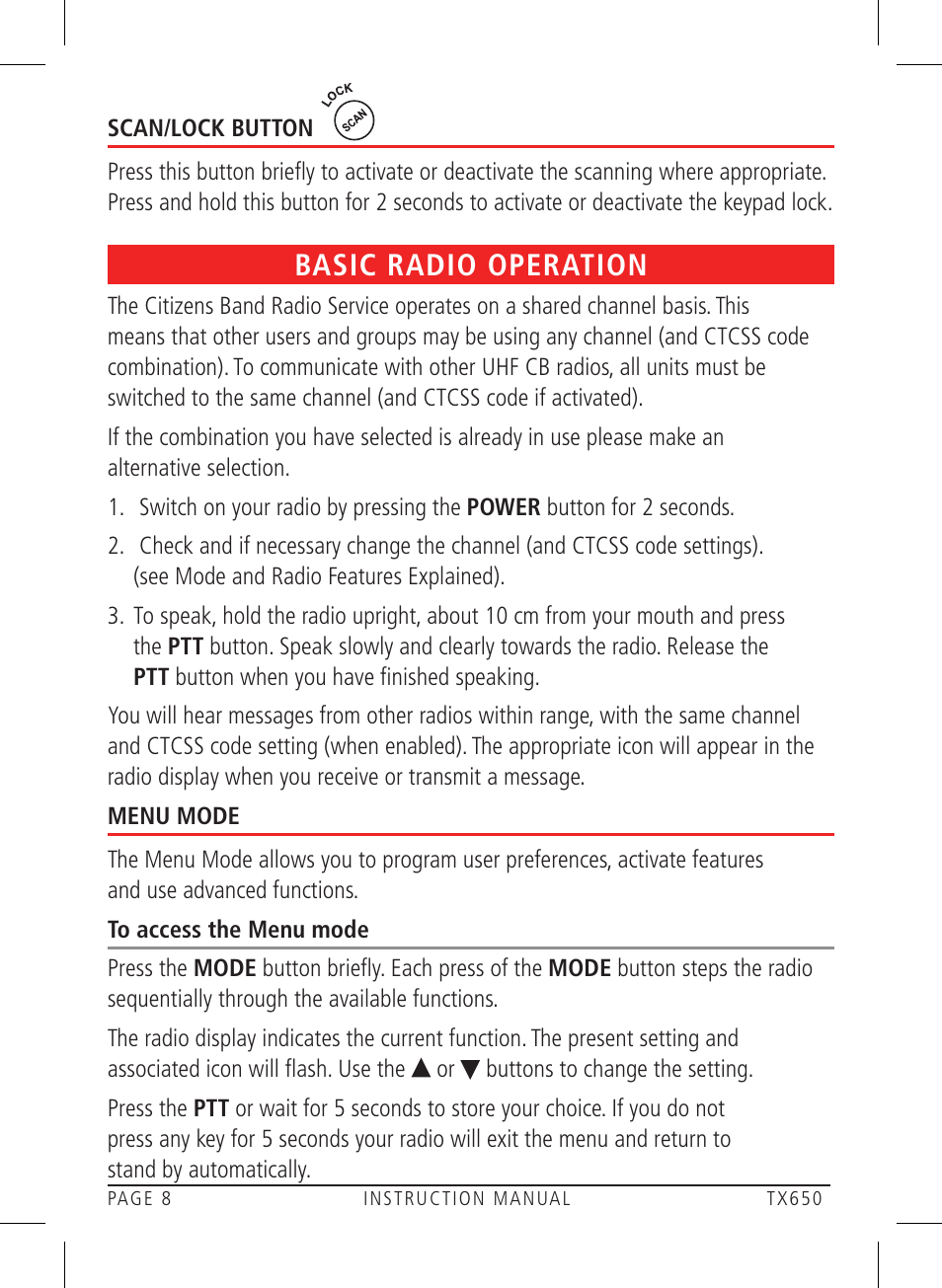 Basic radio operation | GME TX650 User Manual | Page 8 / 20