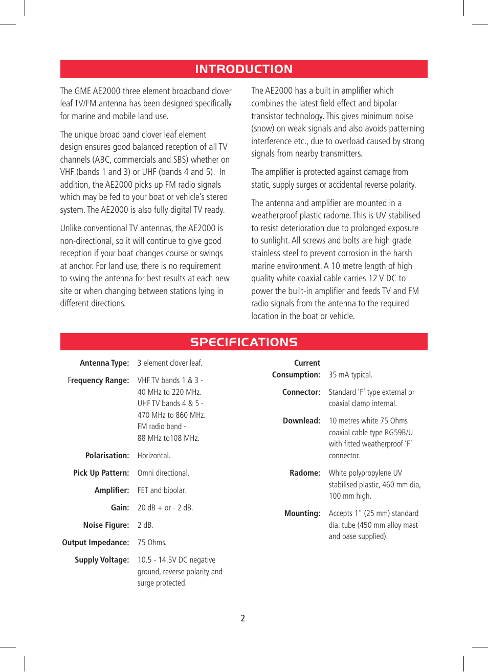 Introduction specifications | GME AE2000 User Manual | Page 2 / 8