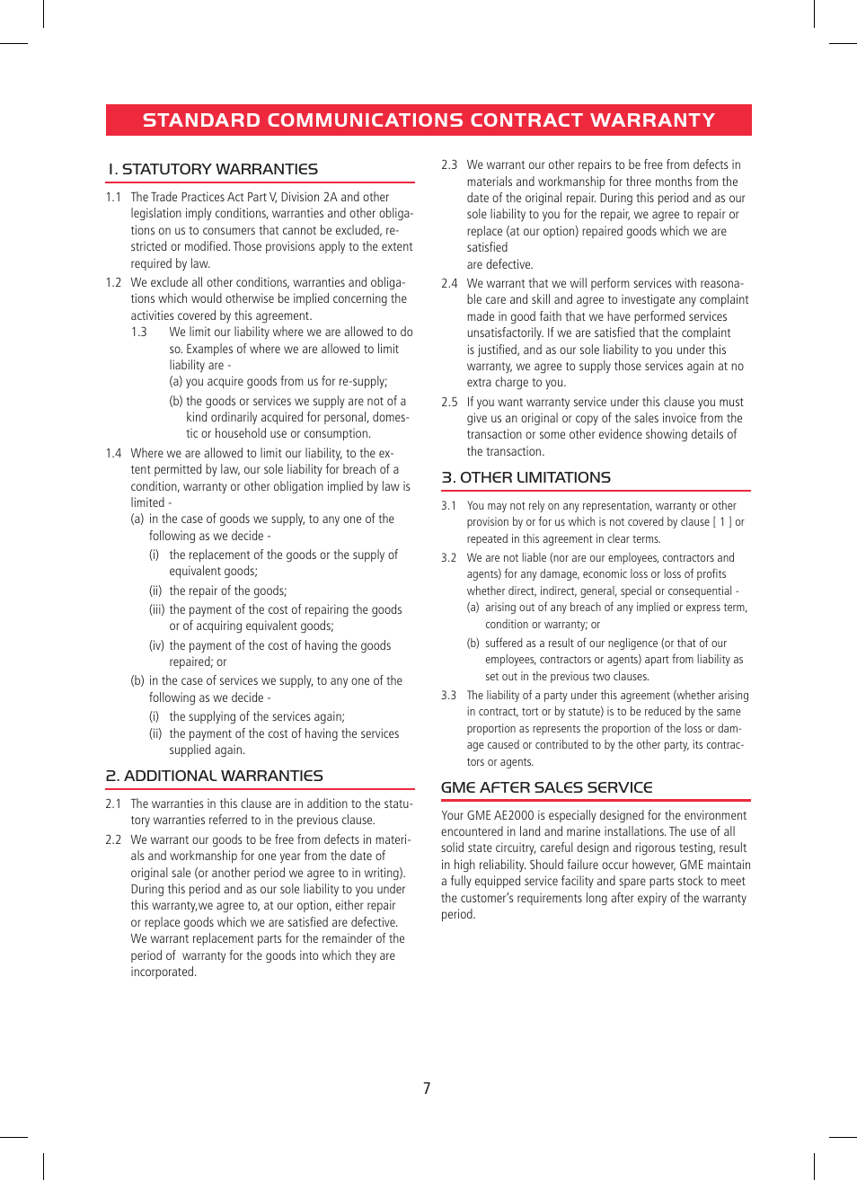 Standard communications contract warranty | GME AE2000 User Manual | Page 7 / 8
