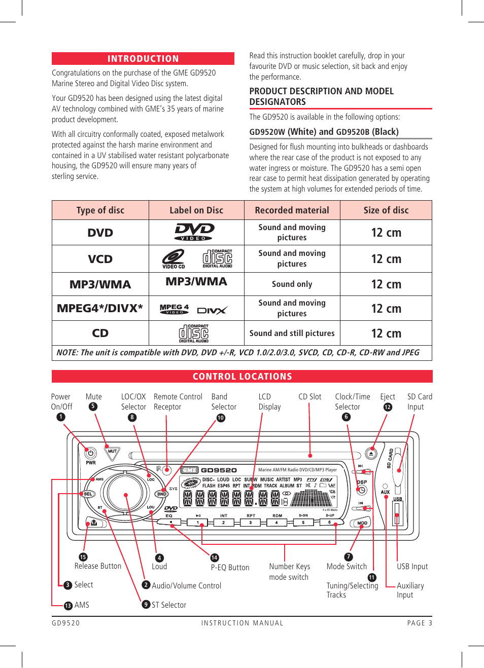 12 cm, Mp3/wma, Mpeg4*/divx | GME GD9520 User Manual | Page 3 / 12