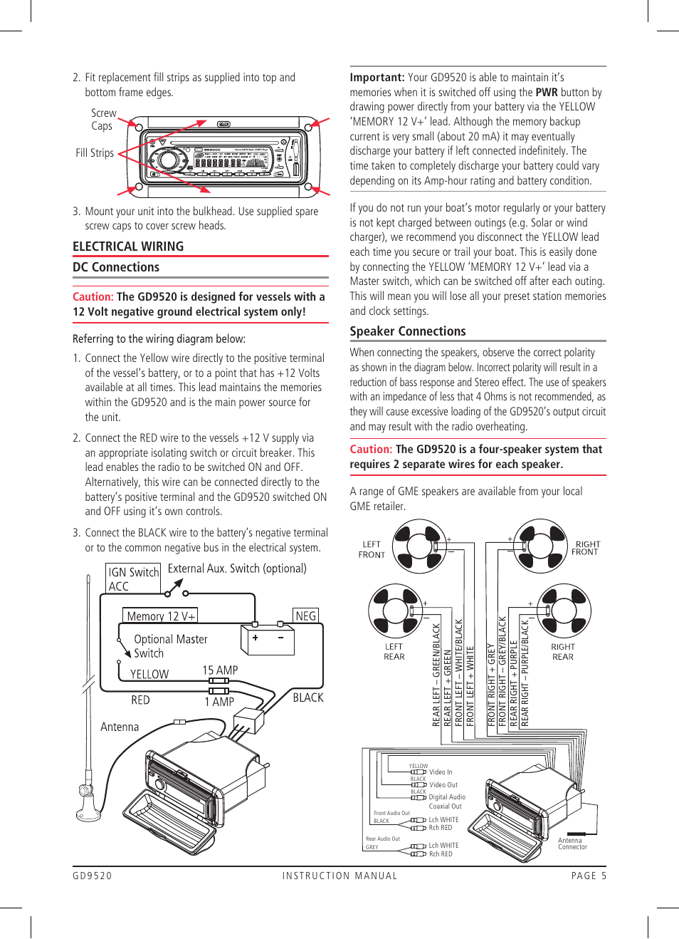 Electrical wiring dc connections, Speaker connections | GME GD9520 User Manual | Page 5 / 12