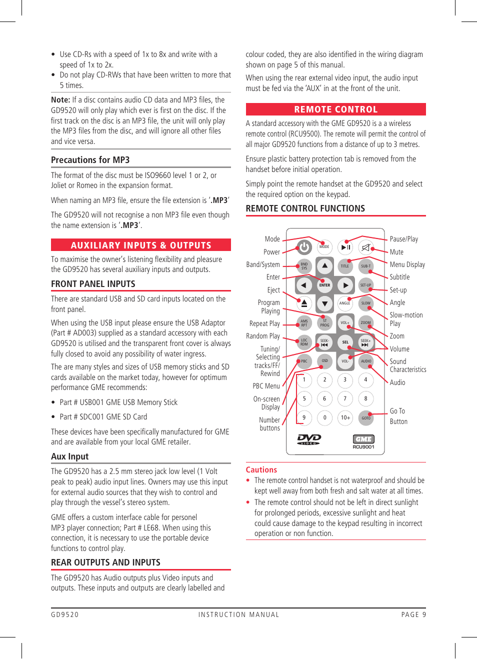 Precautions for mp3, Auxiliary inputs & outputs, Front panel inputs | Aux input, Rear outputs and inputs, Remote control, Remote control functions | GME GD9520 User Manual | Page 9 / 12