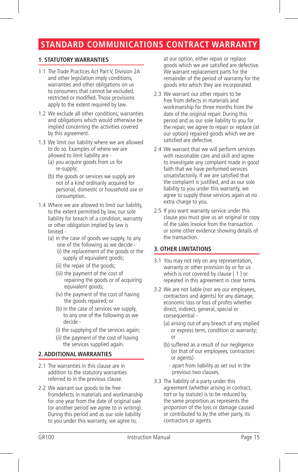 Standard communications contract warranty | GME GR100 User Manual | Page 15 / 16