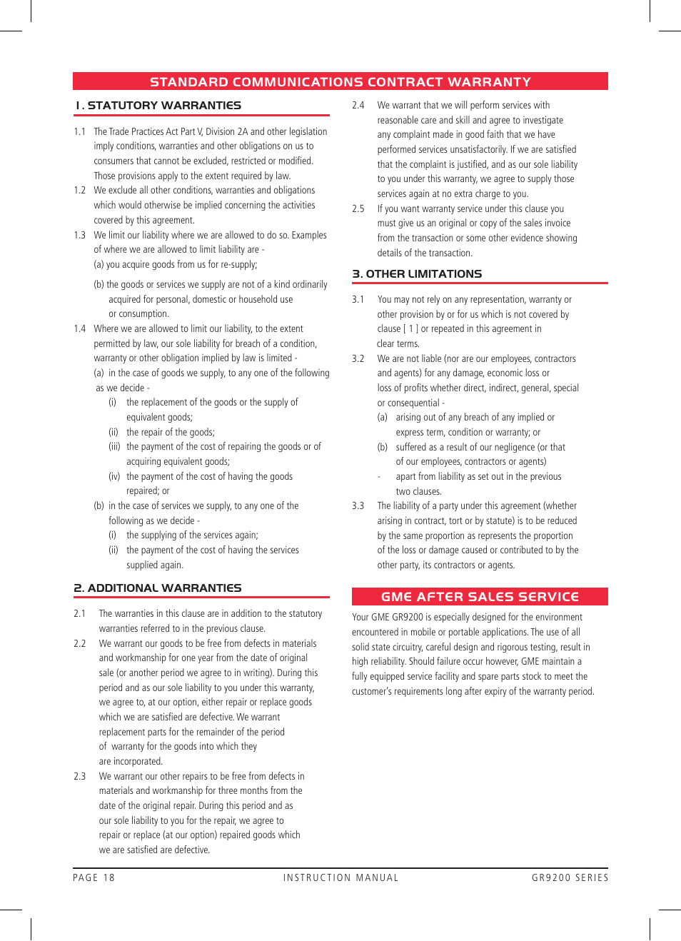 Standard communications contract warranty, Gme after sales service | GME GR9240W User Manual | Page 18 / 20