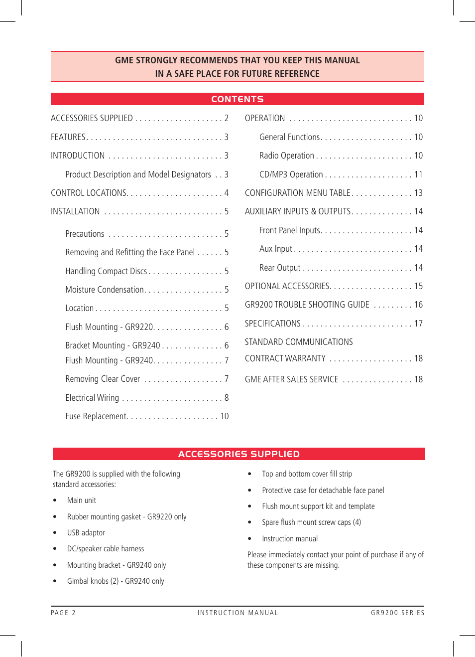 GME GR9240W User Manual | Page 2 / 20