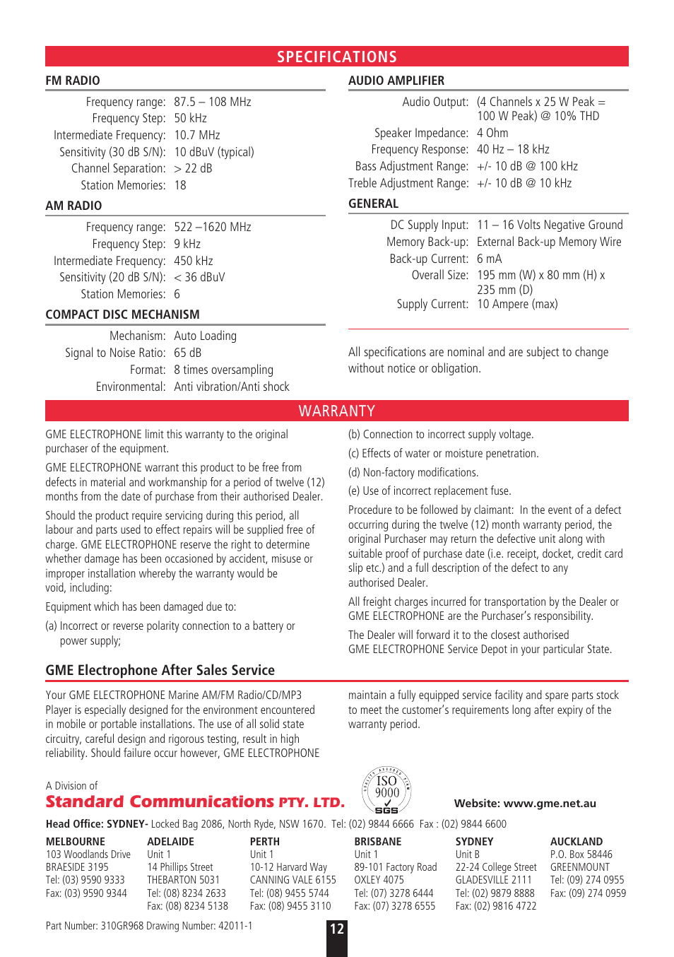 Standard communications, Specifications, Warranty | GME GR968 User Manual | Page 12 / 12