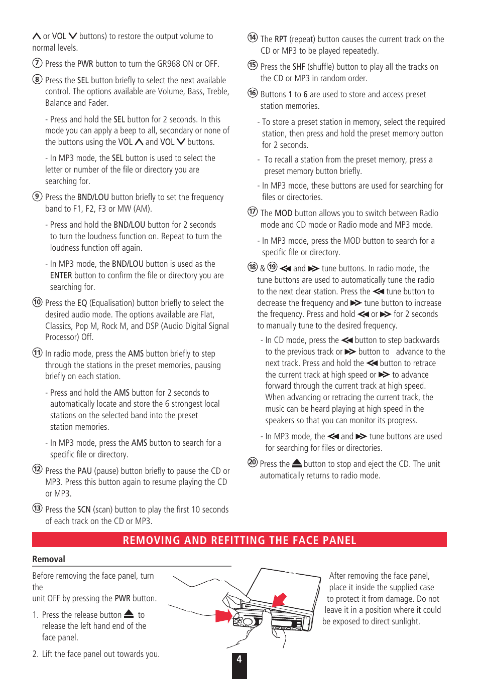 Removing and refitting the face panel | GME GR968 User Manual | Page 4 / 12