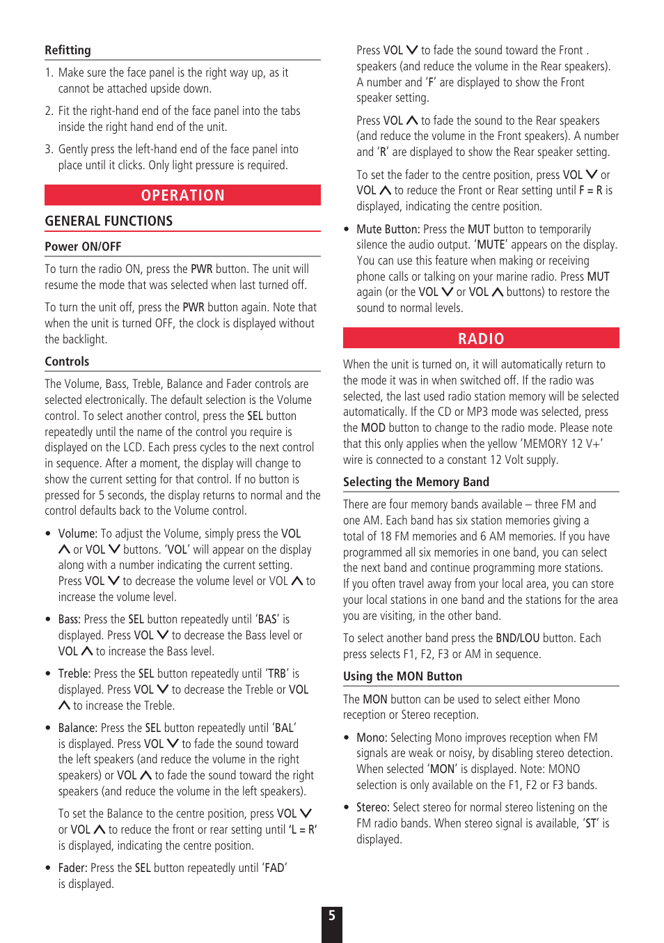 Operation, Radio | GME GR968 User Manual | Page 5 / 12