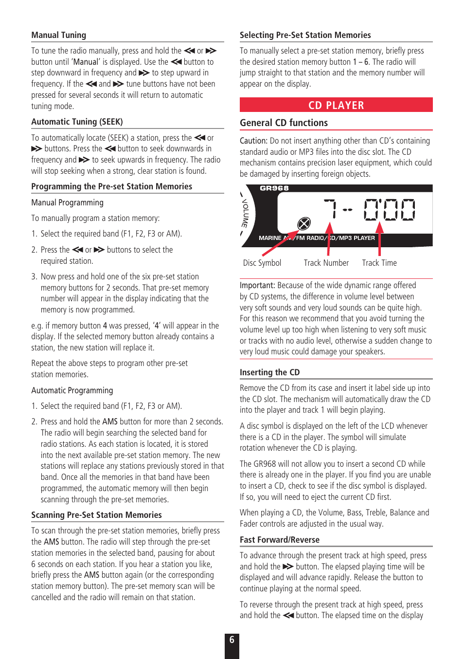 Cd player | GME GR968 User Manual | Page 6 / 12