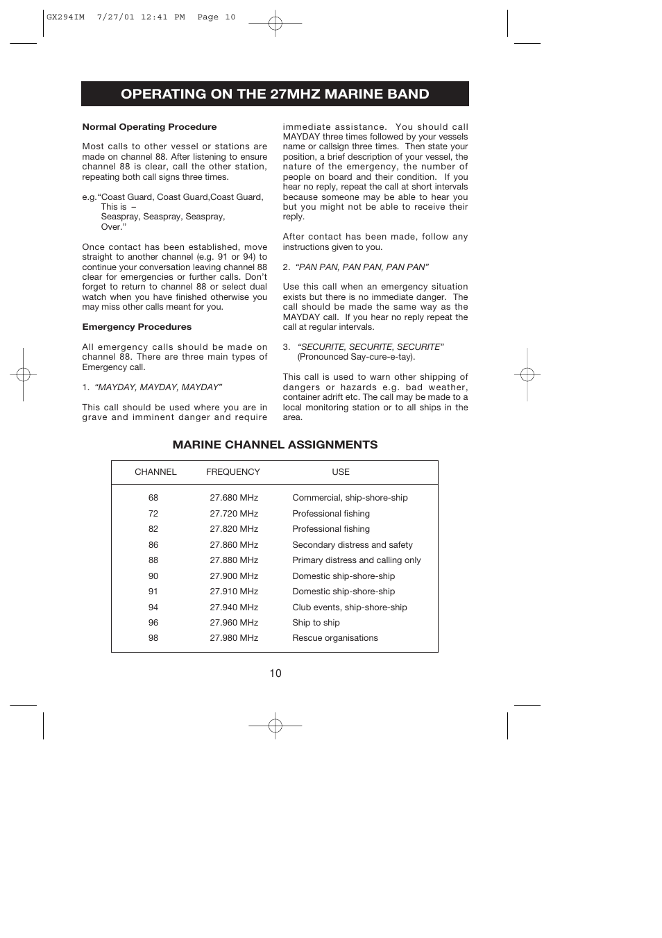 Operating on the 27mhz marine band, Marine channel assignments | GME GX294 User Manual | Page 10 / 12