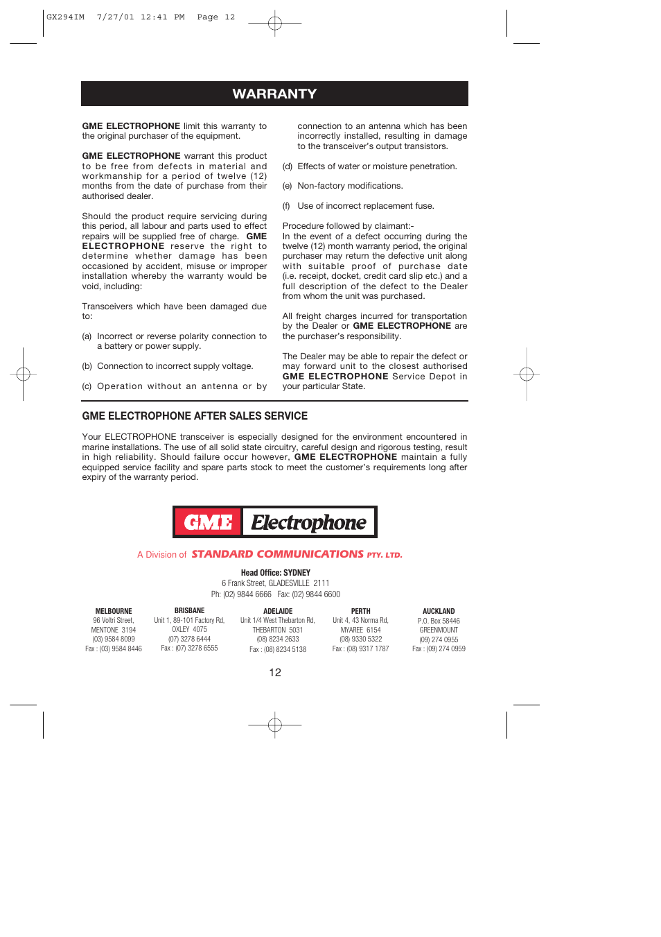 Warranty, Standard communications, Gme electrophone after sales service | GME GX294 User Manual | Page 12 / 12