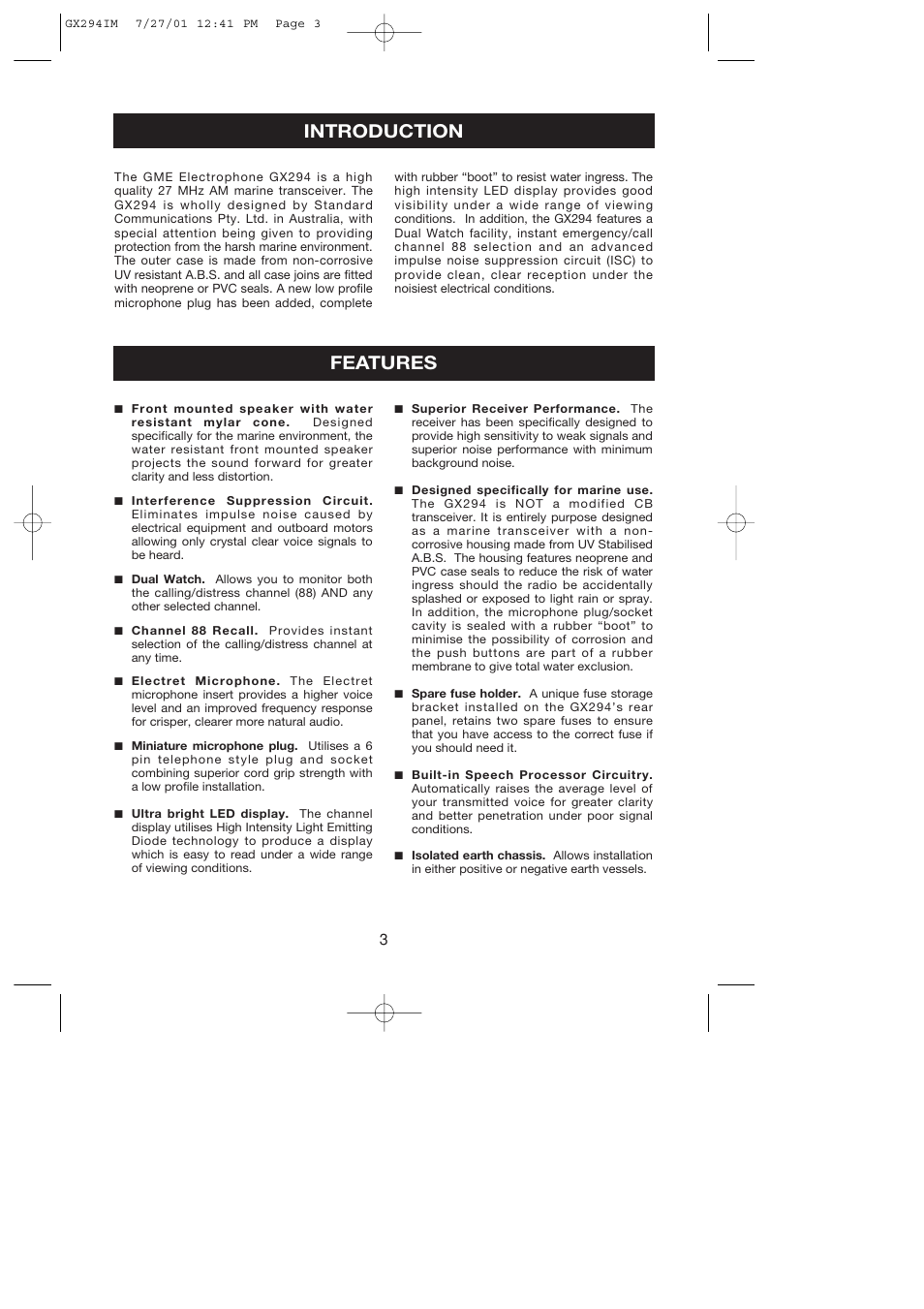 Introduction, Features | GME GX294 User Manual | Page 3 / 12