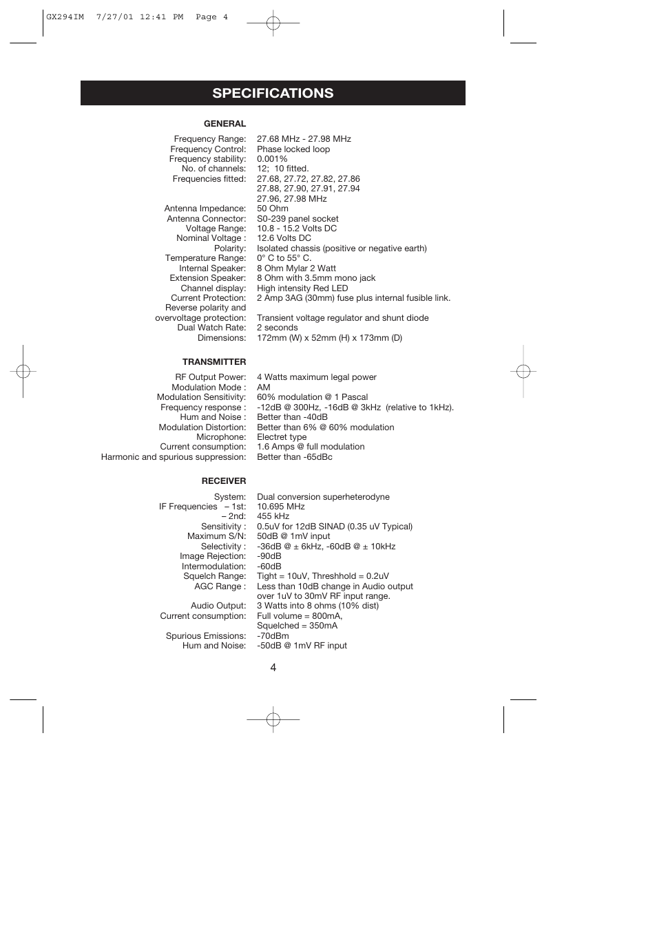 Specifications | GME GX294 User Manual | Page 4 / 12